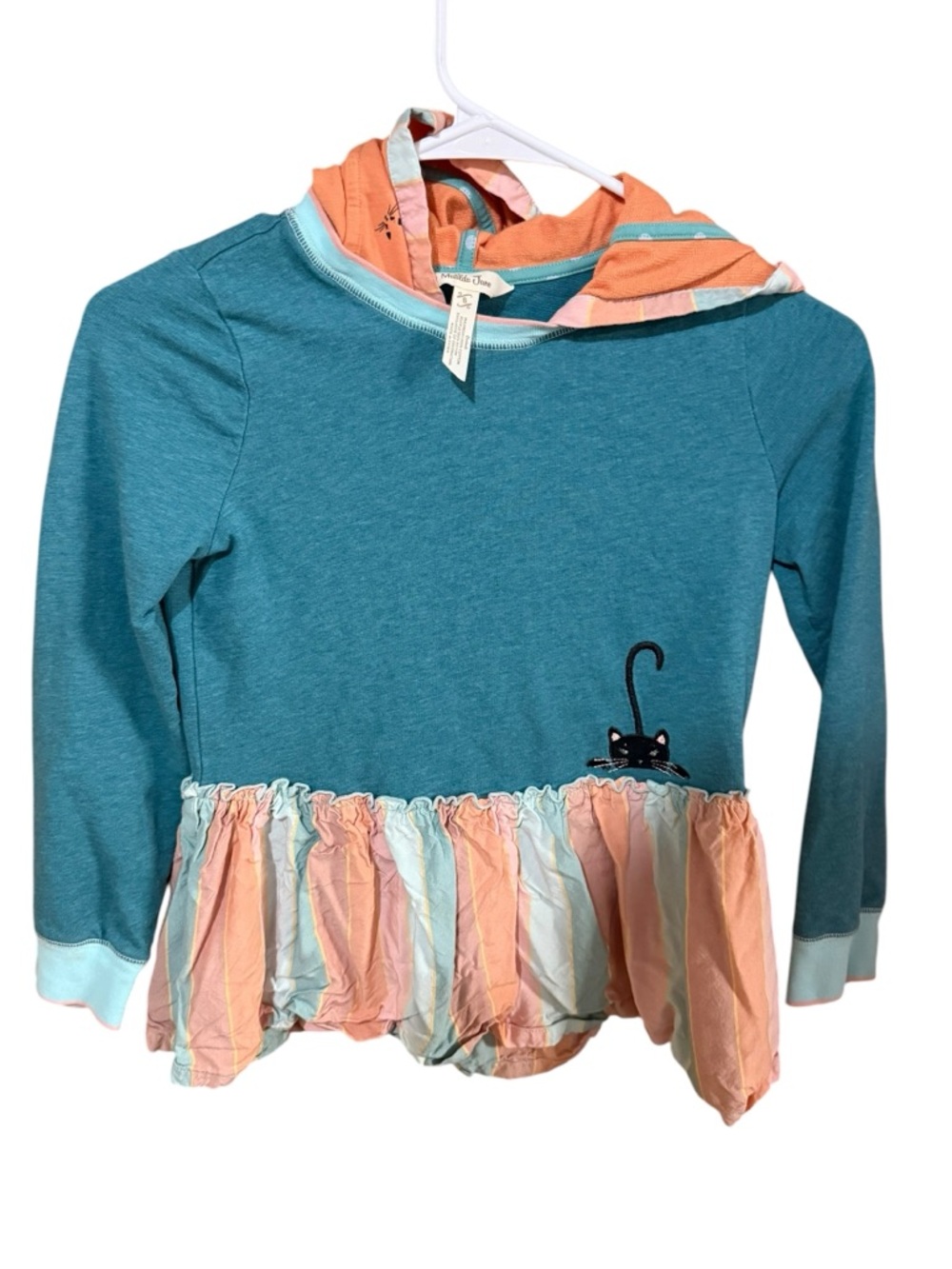 Matilda Jane Jacqueline Cat Teal Hoodie with Peplum Ruffle Hem Embroidered Cat